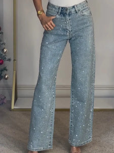 JEANS DE PIERNA RECTA DE TALLE ALTO CON DIAMANTE